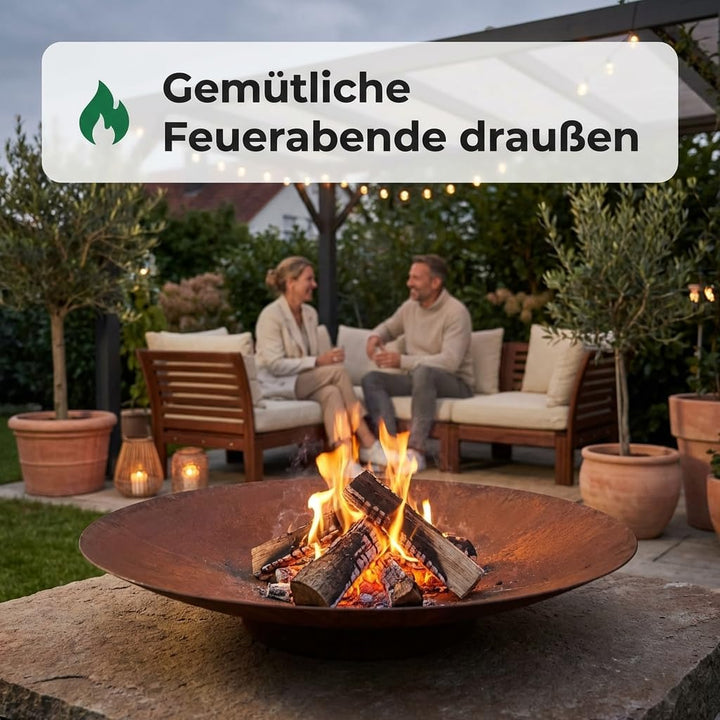 Feuerschale Garten aus Metall, runde Edelrost Feuerschale in Rostoptik, dekorative Feuerstelle für T