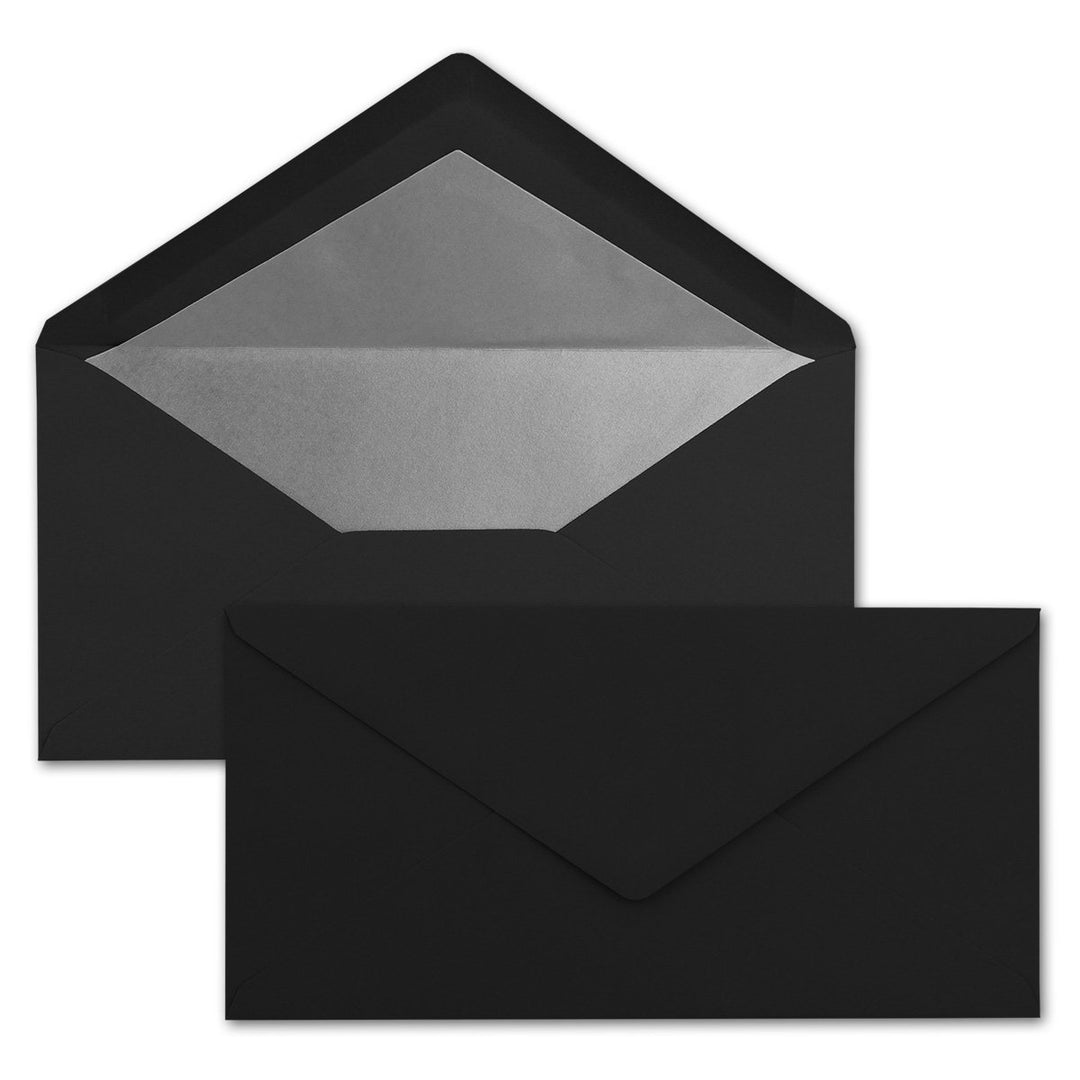 75 Brief-Umschläge DIN Lang - Schwarz mit Silber-Metallic Innen-Futter - 110 x 220 mm - Nassklebung