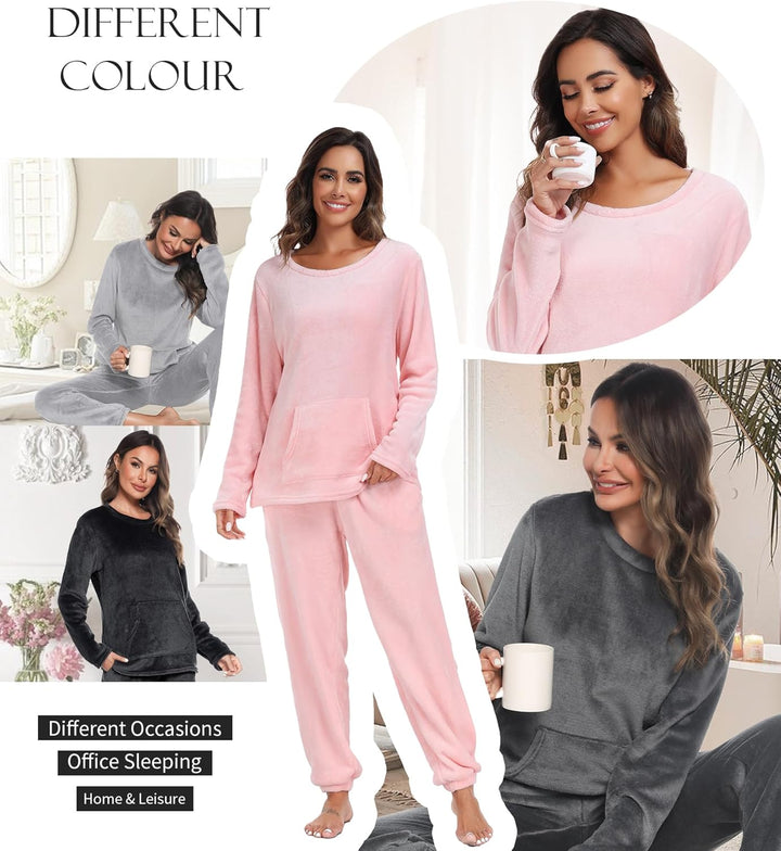 Lovasy Fleece Schlafanzug Damen Lang Winter Warmer Pyjama Set Flauschiger Frottee Schlafanzüge für D