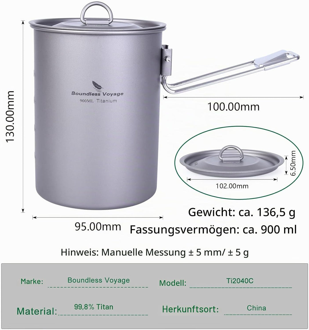 Boundless Voyage Ultraleichtflugzeuge Tragbare 900ml Outdoor Titan Topf mit Deckel Klappgriff Campin