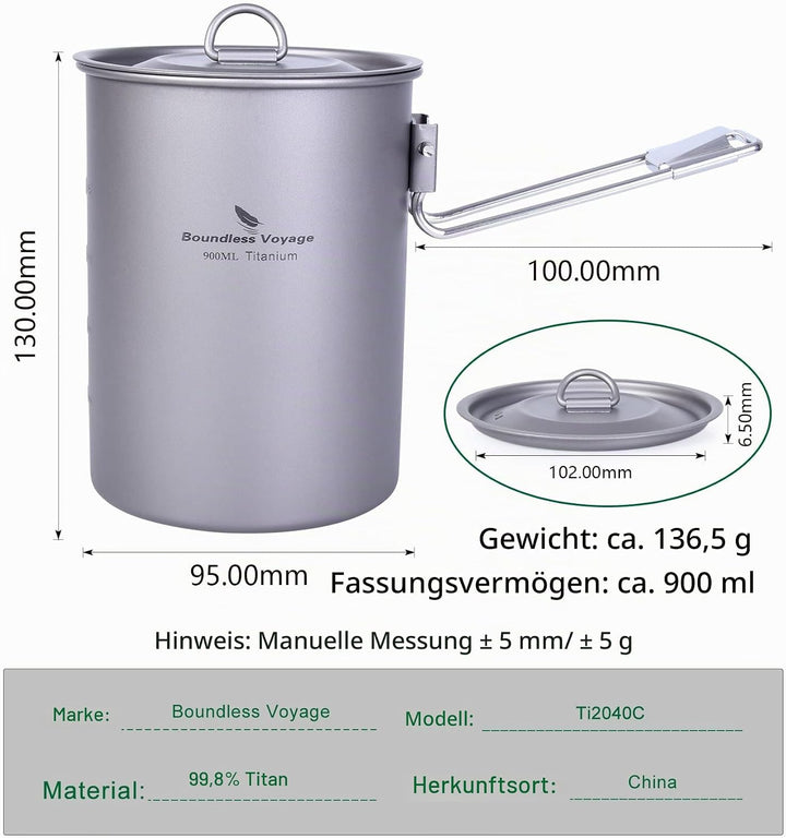 Boundless Voyage Ultraleichtflugzeuge Tragbare 900ml Outdoor Titan Topf mit Deckel Klappgriff Campin