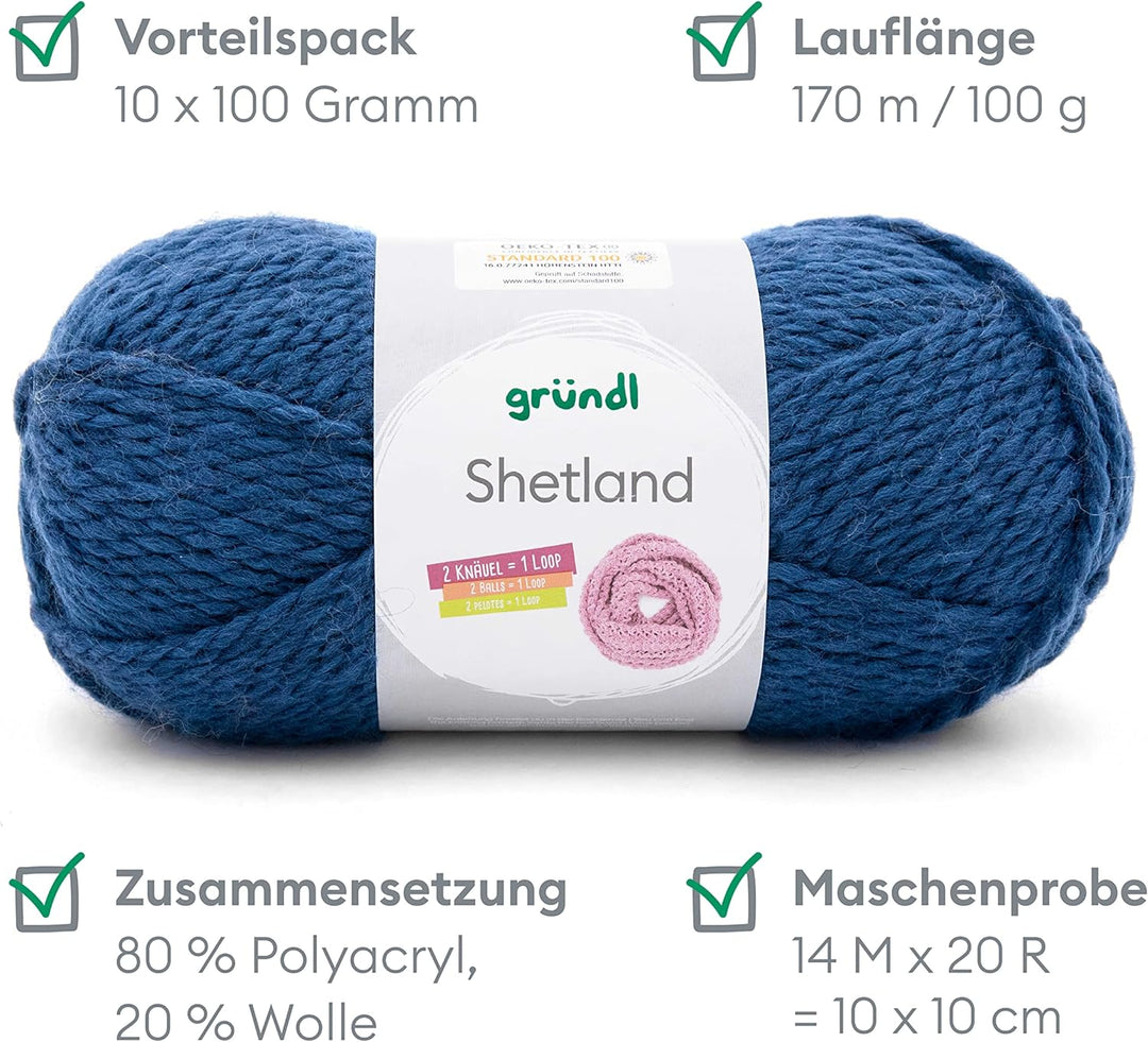 Gründl Shetland Wolle (modisches und weiches Strickgarn aus 80% Polyacryl und 20% Wolle, 100 g / 170