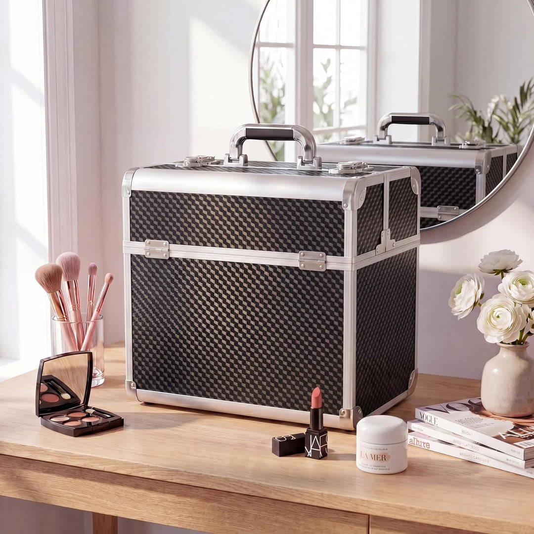 N&BF Kosmetikkoffer Gross Schwarz Carbon | Abschliessbarer Schminkkoffer & Beautycase aus Aluminium
