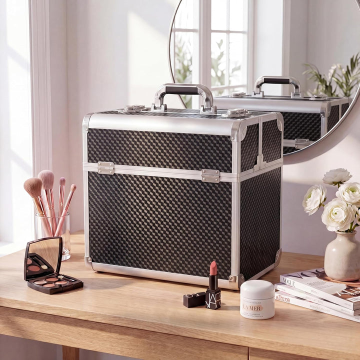 N&BF Kosmetikkoffer Gross Schwarz Carbon | Abschliessbarer Schminkkoffer & Beautycase aus Aluminium