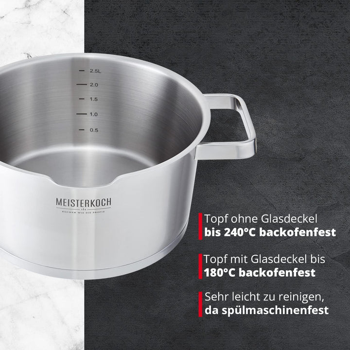 MEISTERKOCH Topf aus gebürstetem Edelstahl 20 cm Ø | mit Ausguss, Innenskalierung und isolierenden K