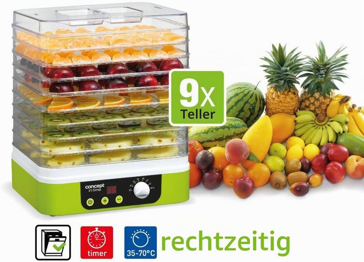CONCEPT Hausgeräte SO1060 Dörrgerät IN TIME mit Zeitschaltuhr, 9 rechteckige Einlegeböden, grün, Dis