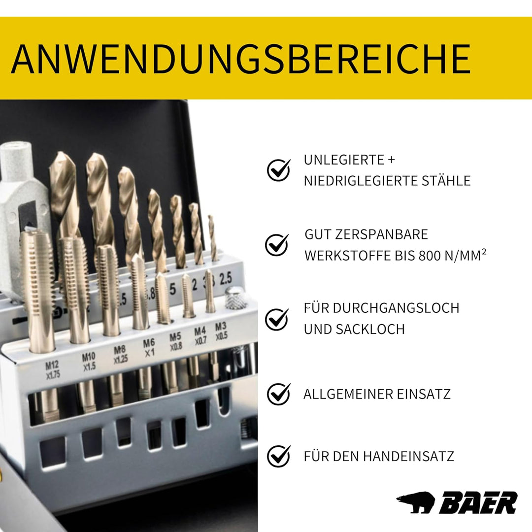 BAER Gewindeschneider Set HSSG: Einschnittgewindebohrer, Kernlochbohrer, Windeisen: M 3-12 - Gewinde