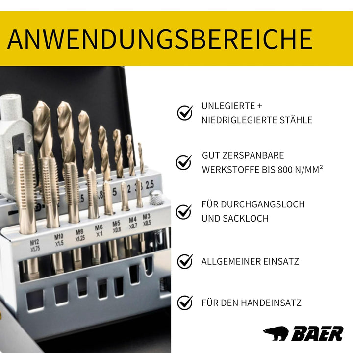 BAER Gewindeschneider Set HSSG: Einschnittgewindebohrer, Kernlochbohrer, Windeisen: M 3-12 - Gewinde