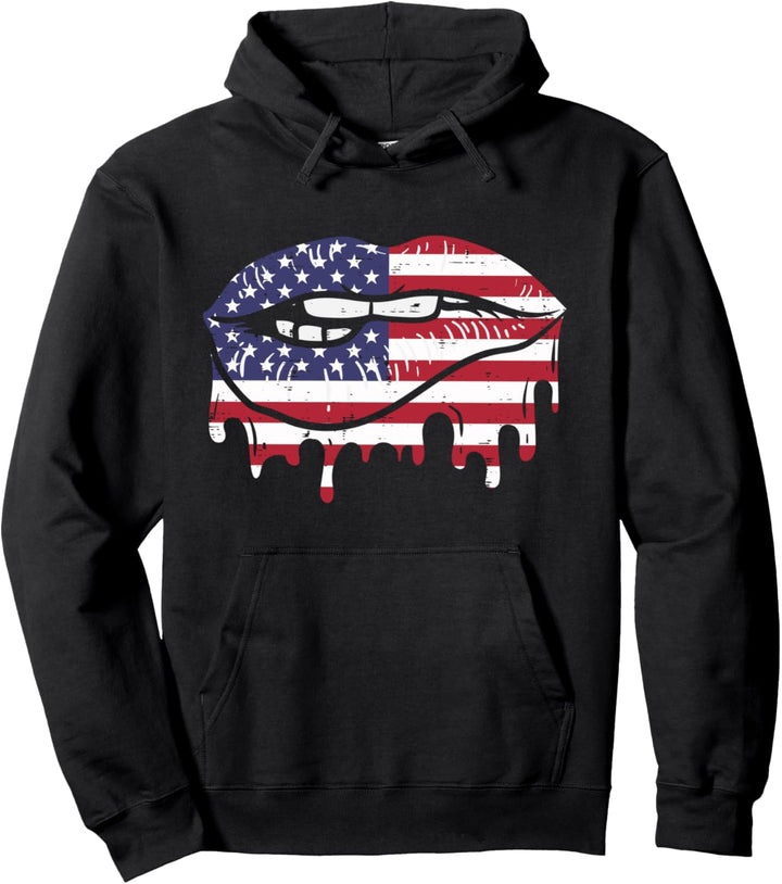 Dripping Lip Bite US American Flag 4th Of July Fourth Women Pullover Hoodie