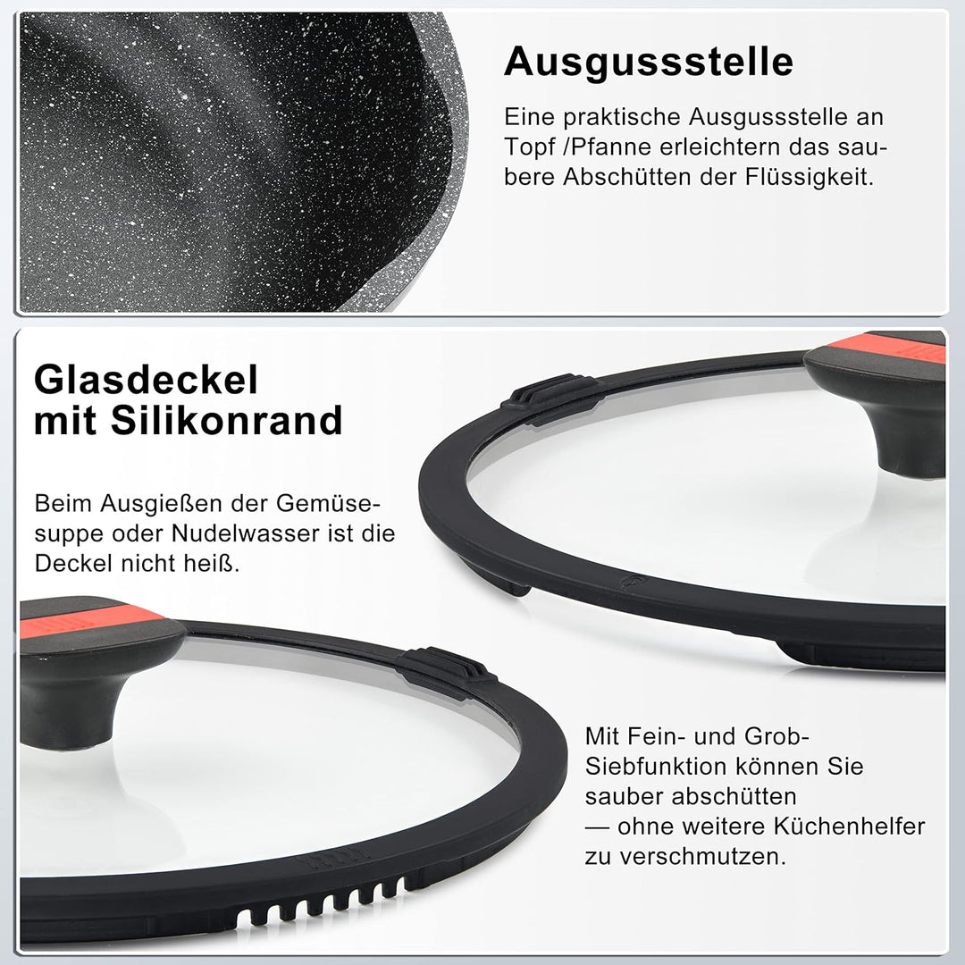 Linnuo Schmorpfanne Bratpfanne 24 cm hoher Rand, Aluguss Pfanne mit Deckel 24cm, abnehmbare Griffe,