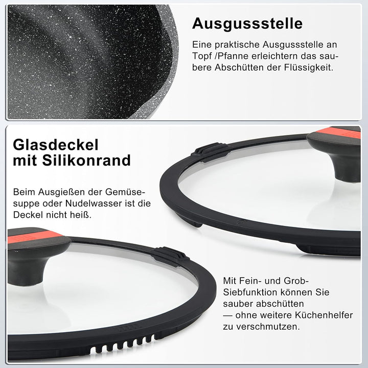 Linnuo Schmorpfanne Bratpfanne 24 cm hoher Rand, Aluguss Pfanne mit Deckel 24cm, abnehmbare Griffe,