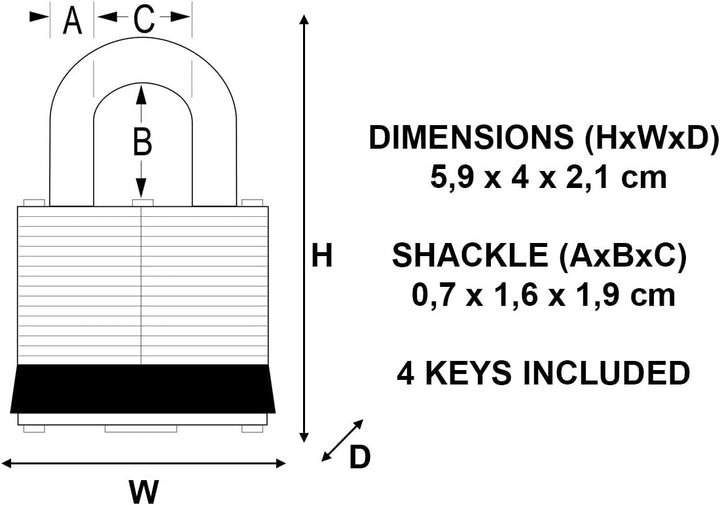 MASTER LOCK 3EURD VORHÄNGESCHLOSS 38MM LAMELLIERTER STAHL BÜGEL 19MM 5,9 x 4 x 2,1 cm, 5,9 x 4 x 2,1