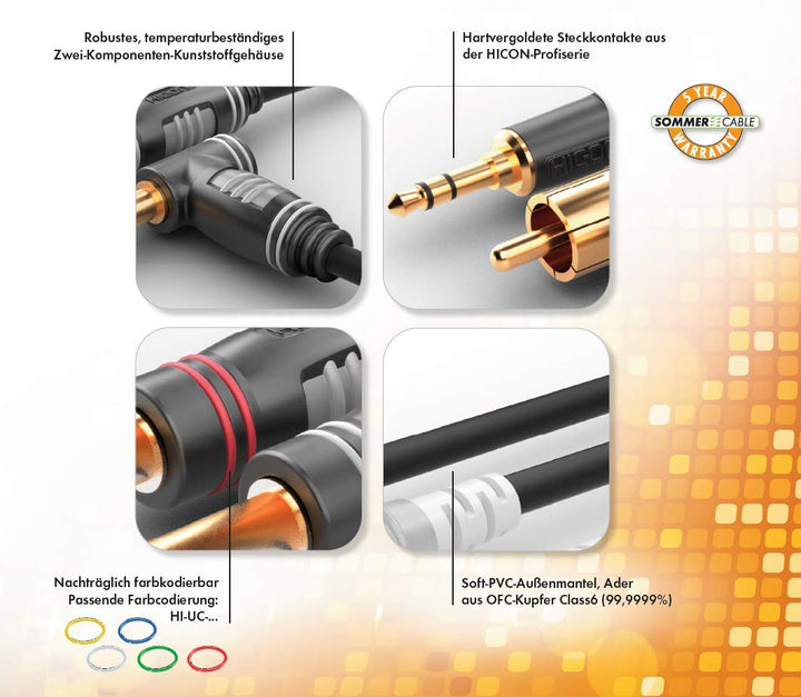 Sommer Cable Basic HBA-62C2 / 2 x 6,3mm Klinke mono Hicon - 2 x RCA/Cinch Hicon (0,3m) 0.30 m, 0.30