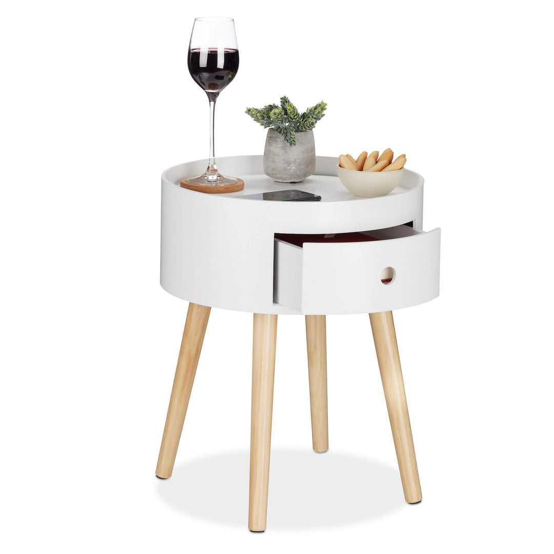 Relaxdays Beistelltisch rund, Schublade, Holzbeine, skandinavisches Design, minimalistisch, HxD 46 x