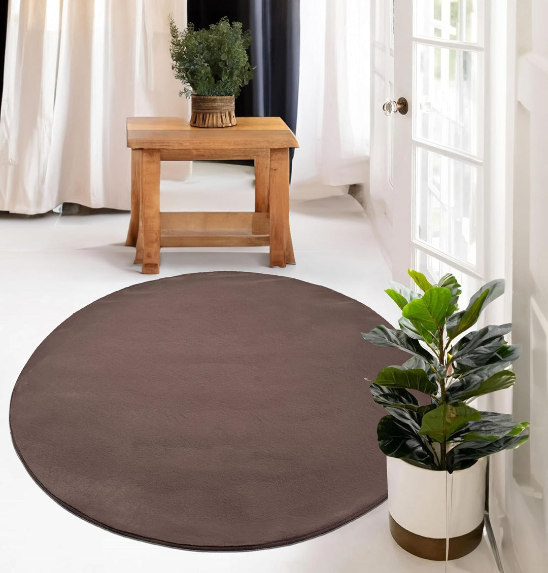 payé Teppich Wohnzimmer Hochflor Braun - 120x120cm - Rund Super Soft Kuschelweich Flauschig Modern E