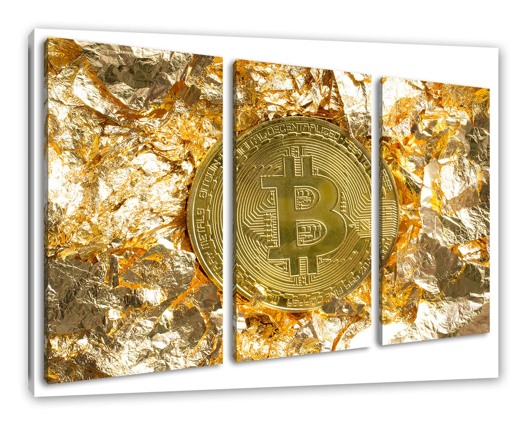 Bitcoin BTC Goldpapierals Leinwandbild 3 teilig | Grösse: 120x80 cm | Wandbild | Kunstdruck | fertig