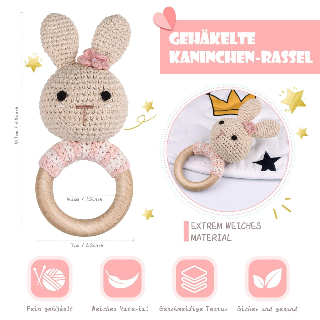Gehäkelte Babyrassel - Häkeln Holz Greifling Handmade geschenk zur geburt Mädchen und Junge Geschenk