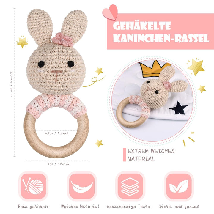 Gehäkelte Babyrassel - Häkeln Holz Greifling Handmade geschenk zur geburt Mädchen und Junge Geschenk