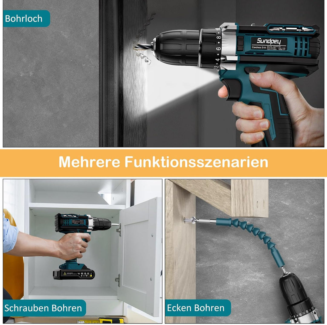 Sundpey Akkuschrauber 21V Akku Bohrmaschine - Akku Bohrschrauber mit 2x2000mAh Akku, 45 N.m Max, 2-G