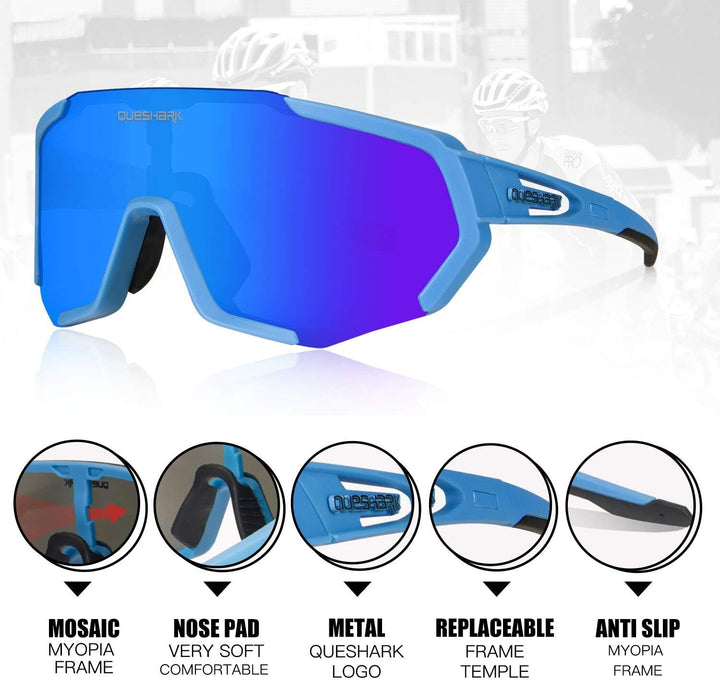 Queshark Sportbrillen Fahrrad Brillen Damen Herren Polarisierte UV400 Schutz mit 5 Wechselgläser Rad