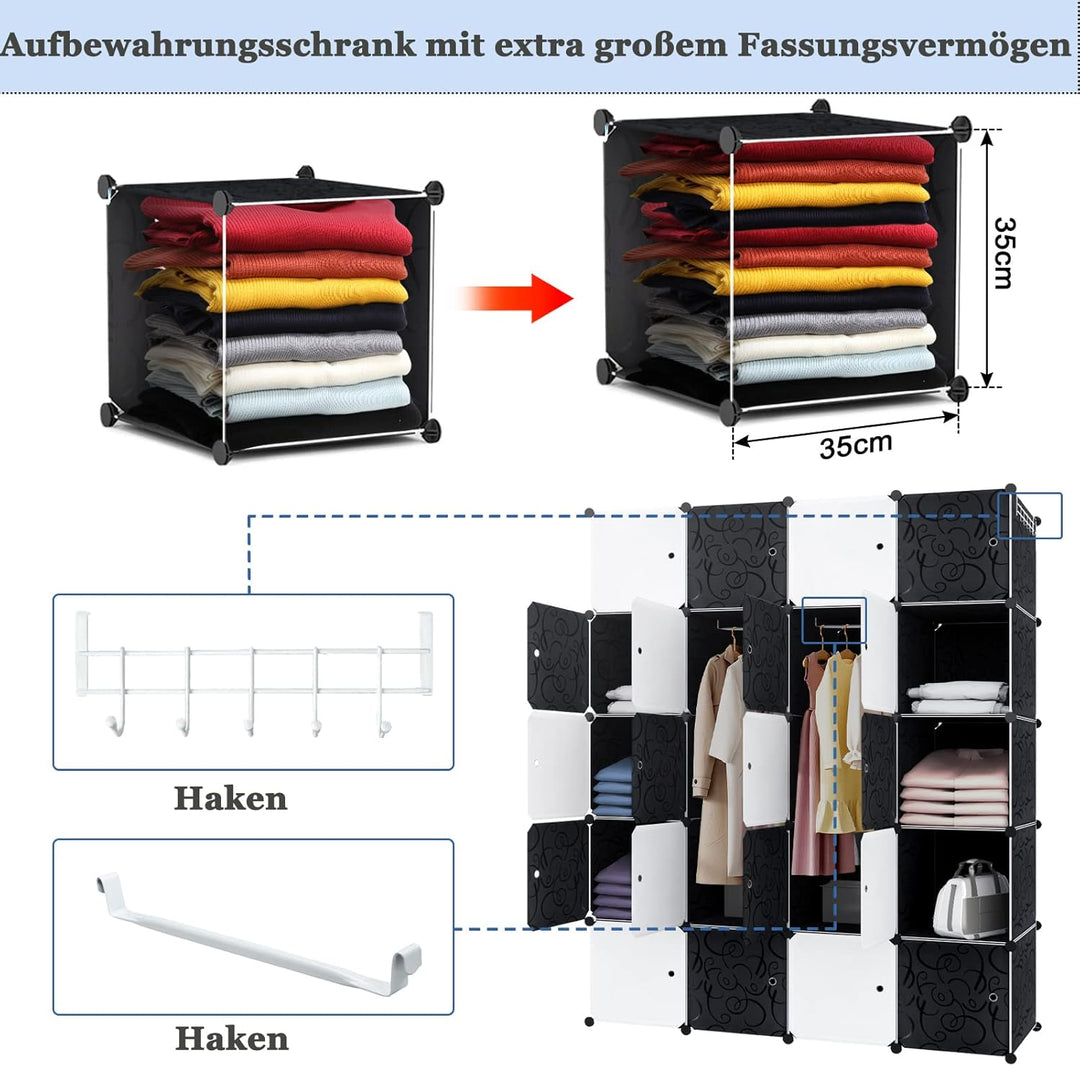 YUENFONG Kleiderschrank Regalsystem aus 20 Würfeln PP Material, Garderobenschrank mit Türen Tragbare