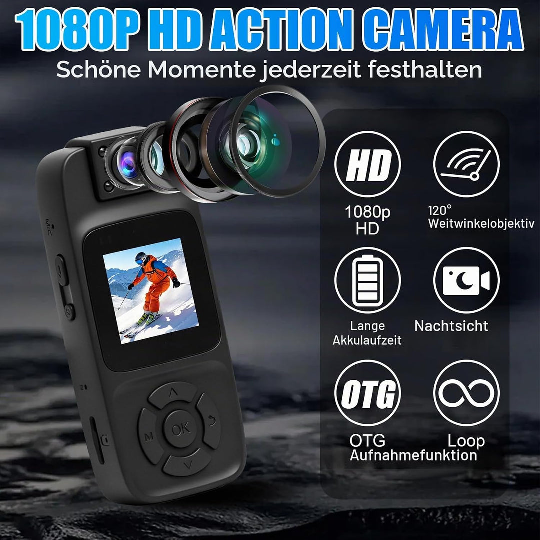 BodyCam 256G IPX7 Wasserdicht mit Nachtsichtfunktion,4K Körperkameras mit 180°Drehbarer Kamera, 180