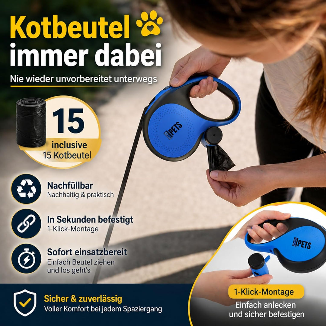 CORTESPETS® Rollleine – Hundeleine mit Kotbeutel – Ausziehbar bis zu 5 m – Für grosse und mittelgros