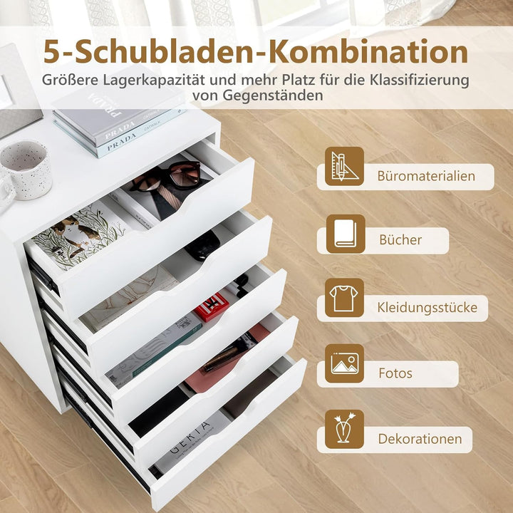 FANTASK Schubladenschrank mit Rädern, Rollcontainer, mobiler Schrank mit 5 Schubladen für Zuhause, W