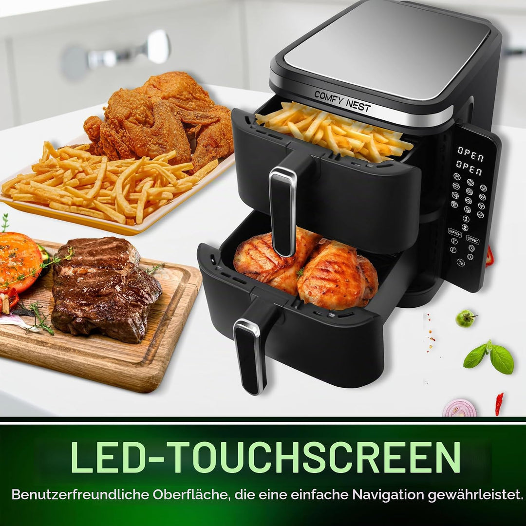 Comfy Nest, 11-Liter-Doppelkorb-Luftfritteuse, Heissluftfritteuse, gleichzeitiges Kochen, digitaler