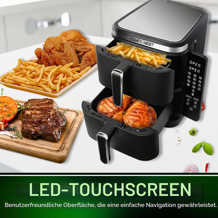 Comfy Nest, 11-Liter-Doppelkorb-Luftfritteuse, Heissluftfritteuse, gleichzeitiges Kochen, digitaler
