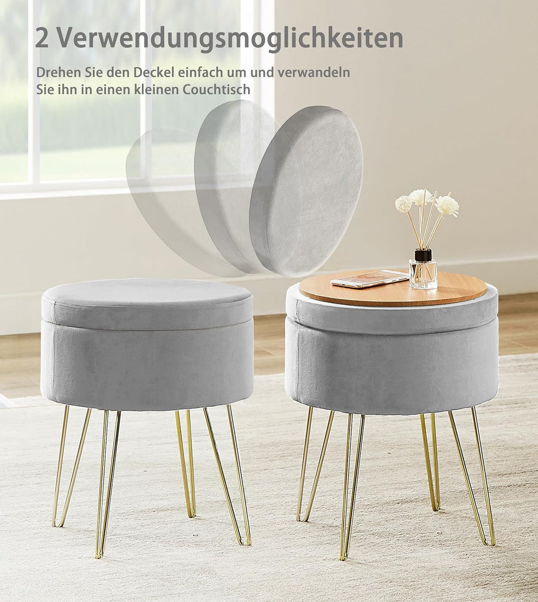 Zedelmaier Runder Sitzhocker Schminktisch Hocker Ottoman Gepolsterter Hocker Abnehmbarer Bezug Metal