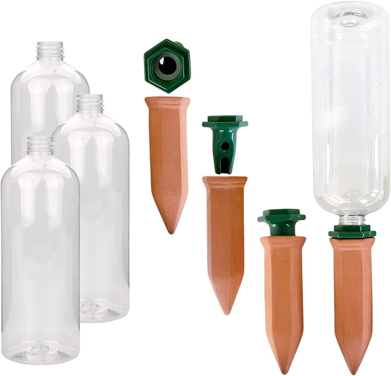 Pflanzenbewässerung | Tonkegel inklusive Adapter und PET Flaschen 750 ml | Bewässerungsspikes für op