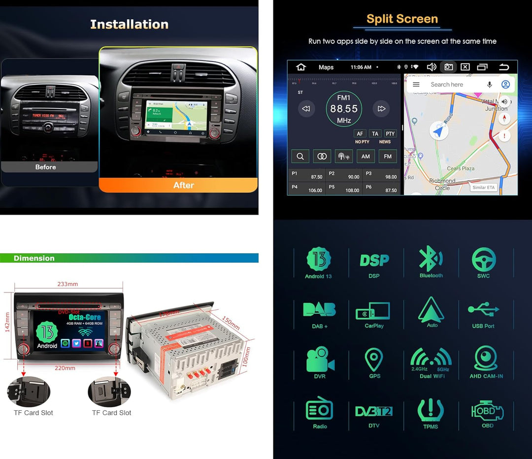Erisin Android 13 8-Kern Autoradio Mit GPS Navi für FIAT Bravo 7 Zoll Touchscreen Unterstützt Kabell