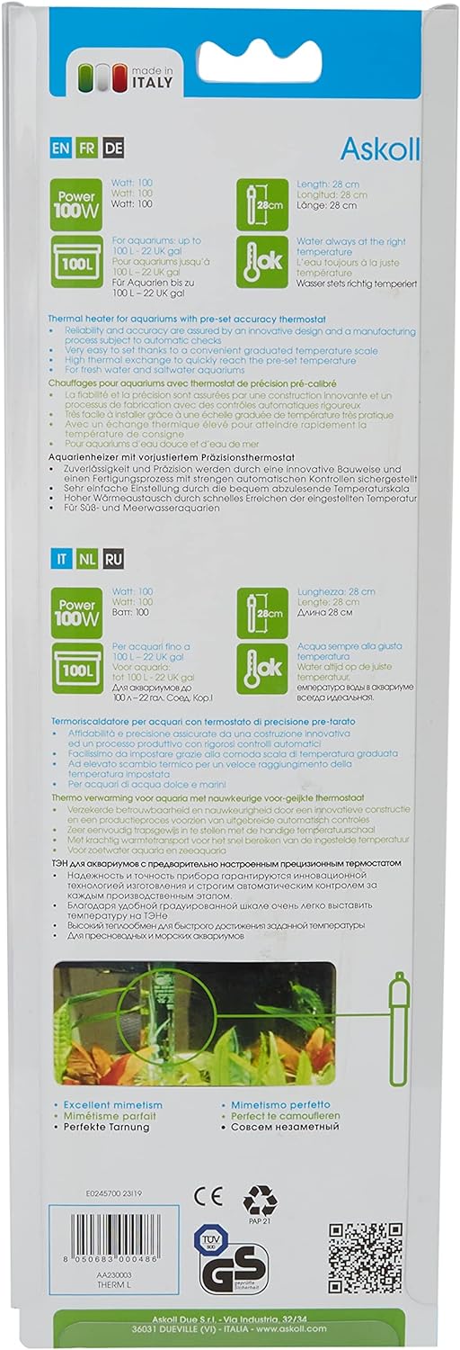 Askoll Aa230003 100 Watt Aquarium Heizung L 1 Unità (Confezione da 1), 1 Unità (Confezione da 1)