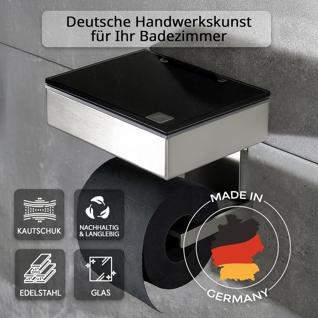 Toilettenpapierhalter mit Feuchttücherbox - Gehäuse Matt & Abdeckung Glas Schwarz- befüllbar von Lin