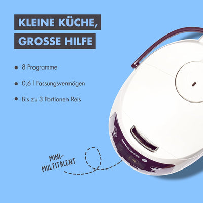 Digitaler Reishunger Mini Reiskocher und Dampfgarer in Weiss - Warmhaltefunktion, Timer & Premium To
