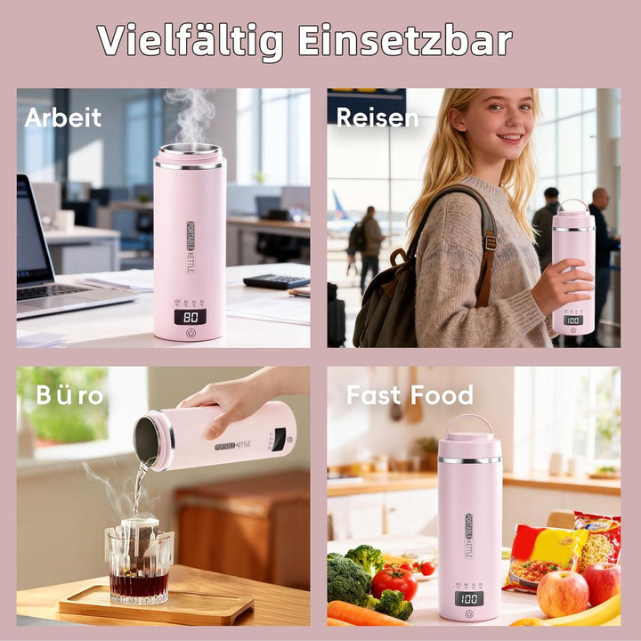 Tragbarer Reisewasserkocher 450 ml 4 Temperatureinstellungen Mini-Wasserkocher zum Anschliessen Edel