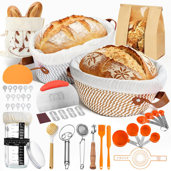 Gärkörbchen Sauerteig Starter Set, 2 Gärkorb (25cm Ovale & 23cm Runde), Brotbackset mit Sauerteig-Gl