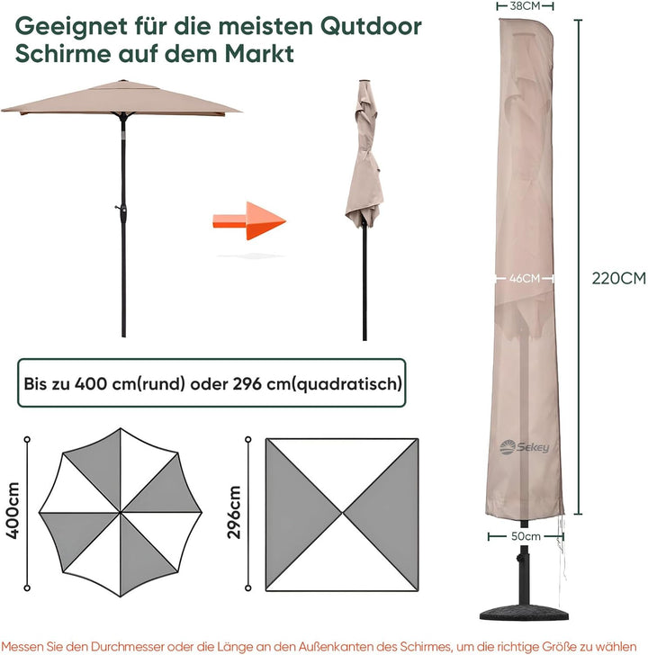 Sekey Sonnenschirm Schutzhülle mit Stab, Abdeckhauben für Ø 350cm / 200x300cm Gartenschirm , Abdecku