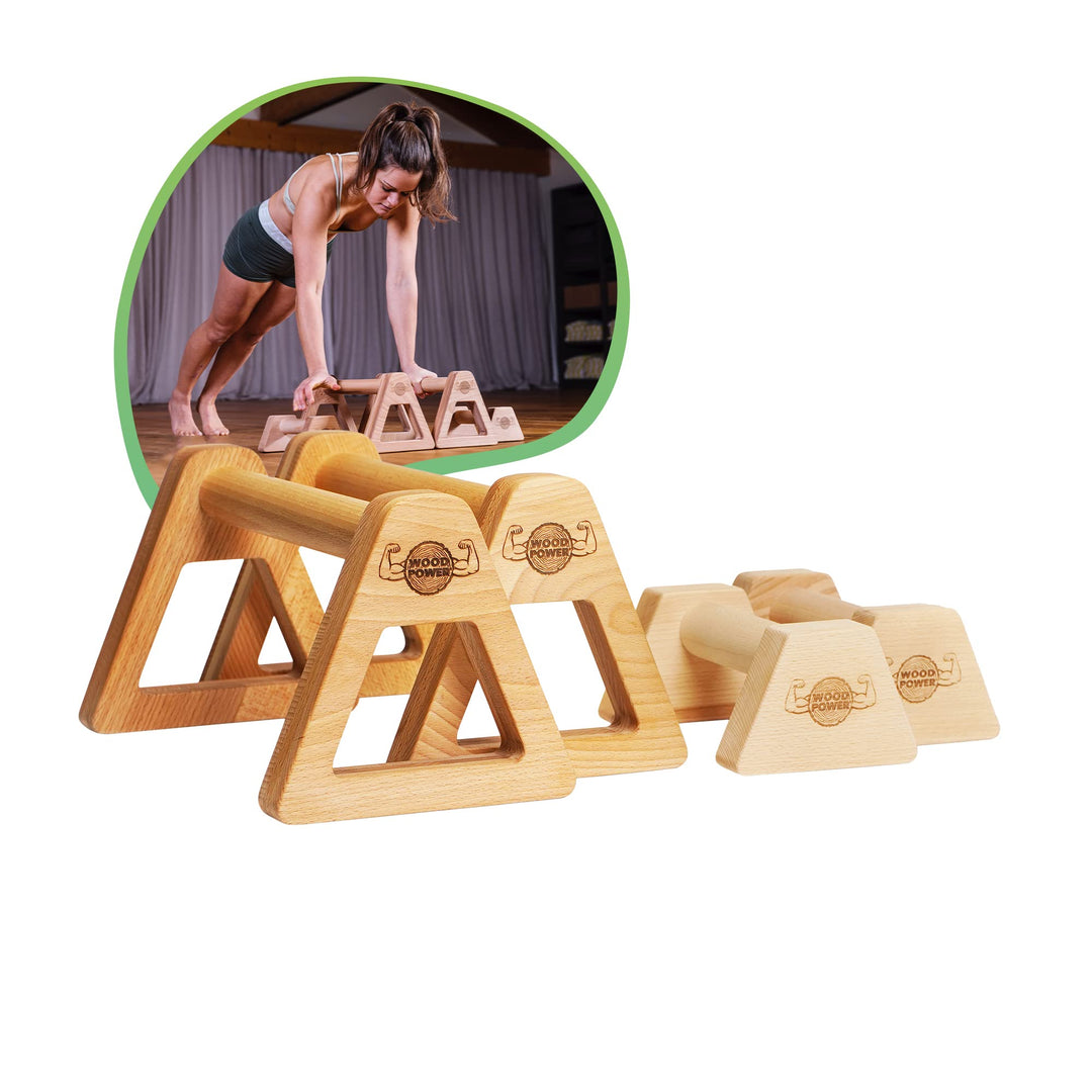 woodpower PowerBars Holz-Parallettes gelenkschonende Liegestützgriffe, Handstand-Barren & Minibarren