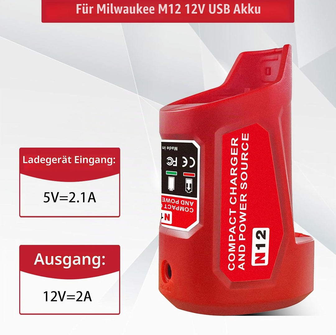 Upgrade für M12 USB Power Source Ladegerät Adapter, für Milwaukee 12V Akku, Typ-C Eingang, USB Ausga