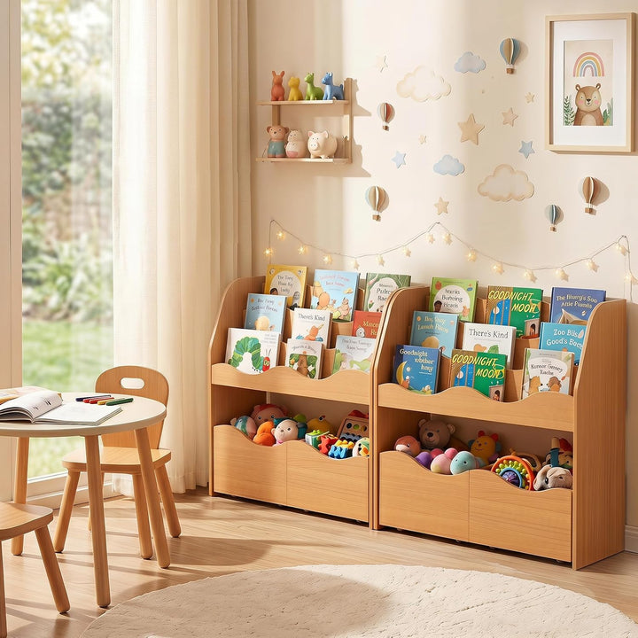 COSTWAY Kinderregal mit 2 Boxen auf Rollen (Natur) | Bücherregal Kinder mit 3 wellenförmigen Ebenen,