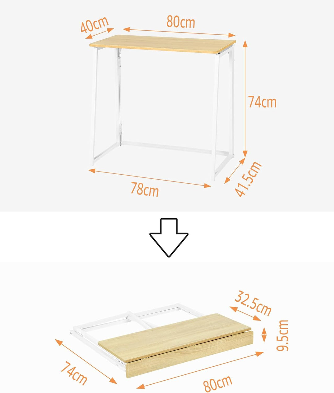 Kleiner Schreibtisch klappbar 80x40cm Hellholz, kompakter Klapptisch mit Weissem Metallrahmen, Platz
