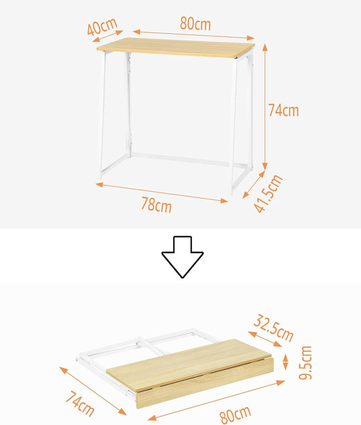 Kleiner Schreibtisch klappbar 80x40cm Hellholz, kompakter Klapptisch mit Weissem Metallrahmen, Platz