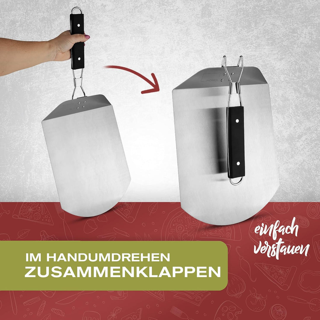 Pizzaschieber Edelstahl für den Grill & Ofen, Pizzaschaufel mit praktischen Einklapp-Griff zum einfa