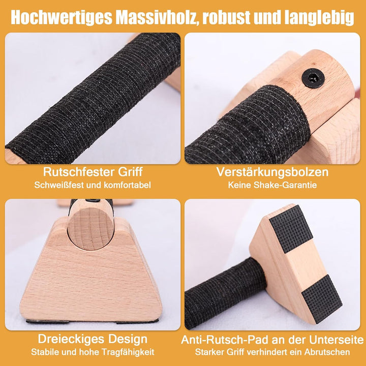 2 Pcs Liegestützgriffe, 25cm Holz Handstand Parallettes mit Rutschfeste Gummipuffer, Gelenksschonend