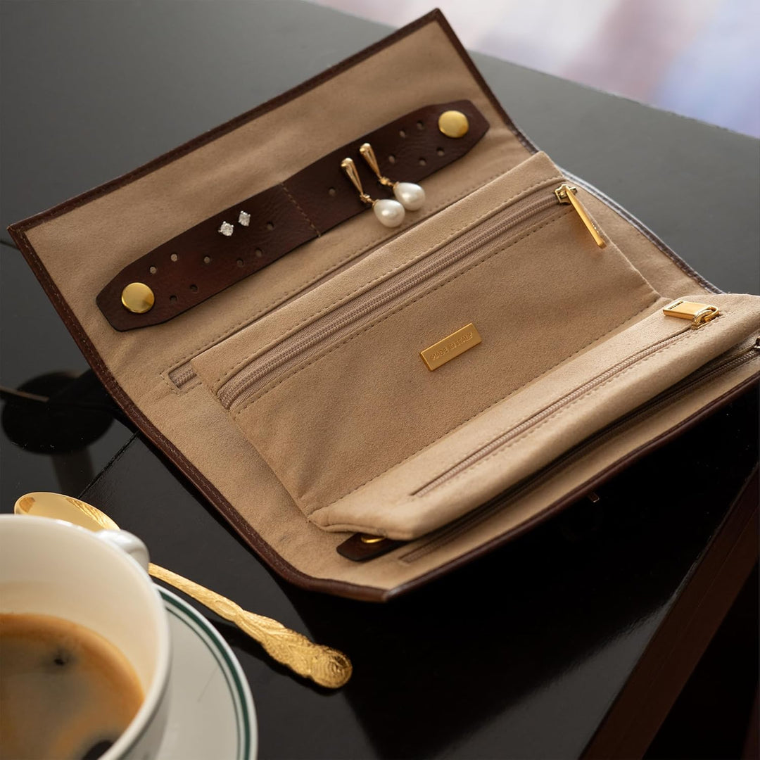 Time Resistance Braun Leder Schmuck Organizer – 100% Leder Schmuckrolle für Reisen Hergestellt in It