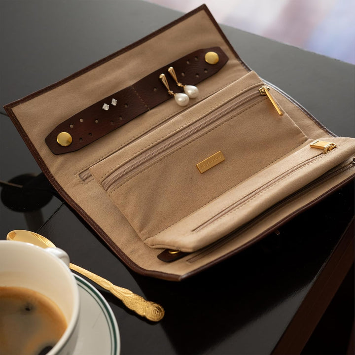Time Resistance Braun Leder Schmuck Organizer – 100% Leder Schmuckrolle für Reisen Hergestellt in It
