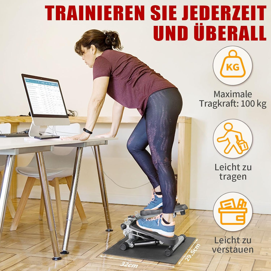 LEADZM Mini Stepper Mit Silent-Pad für Zuhause, 2 in 1 Fitness Stepper mit Gummiband, LCD Display, T