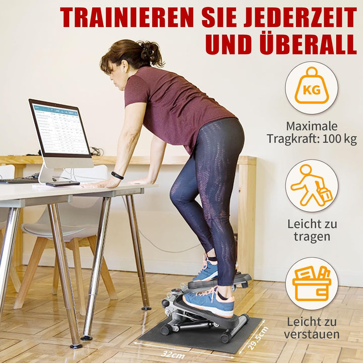 LEADZM Mini Stepper Mit Silent-Pad für Zuhause, 2 in 1 Fitness Stepper mit Gummiband, LCD Display, T